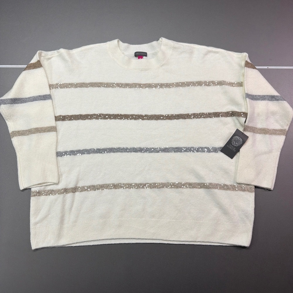 Vince Camuto Women's XL Ivory Sequin Stripe Knit Sweater Soft Crewneck NWT